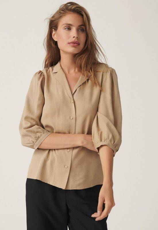 Moss Copenhagen Beige Shirt with Puff Sleeves - Your Style Your Story