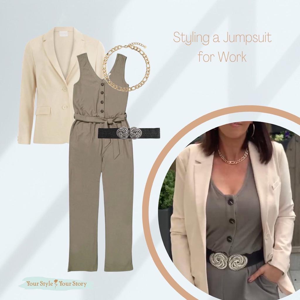 Green jumpsuit with blazer deals