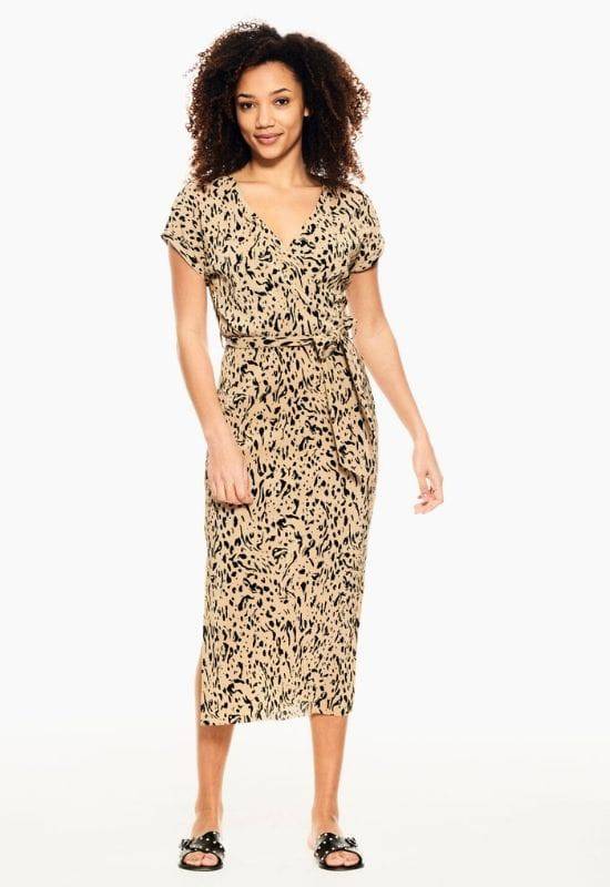Garcia Wrap Tan Dress in Allover Print - Your Style Your Story